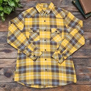 Matchstick Womens L Flannel Shirt Yellow Brown Plaid Cotton Roll Tab Sleeve Fall